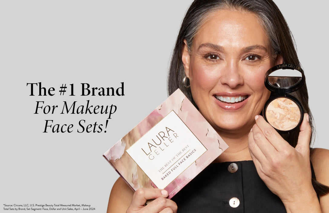 Woman holding a Laura Geller makeup set with text 'The #1 Brand For Makeup Face Sets!' on a gray background